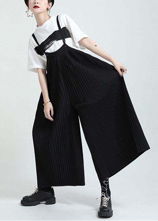 Casual Black High Waist Wrinkled Wide Leg Summer Jumpsuit - SooLinen