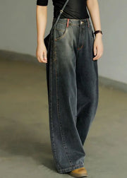 Casual Black High Waist Zip Up Draping Pockets Cotton Denim Wide Leg Pants Summer