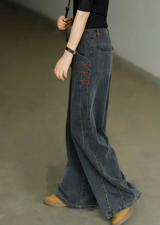 Casual Black High Waist Zip Up Draping Pockets Cotton Denim Wide Leg Pants Summer