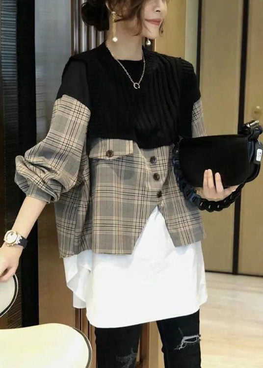 Casual Black Knit Patchwork Plaid Fall Long sleeve Shirt