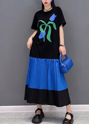 Casual Black O-Neck Print Patchwork pleated Dress Short Sleeve