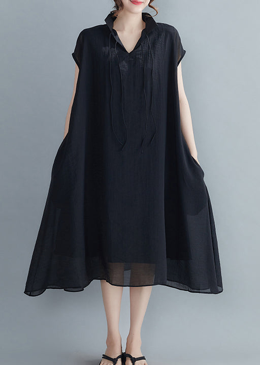 Casual Black Peter Pan Collar Chiffon Holiday Dress Short Sleeve