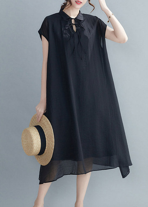 Casual Black Peter Pan Collar Chiffon Holiday Dress Short Sleeve