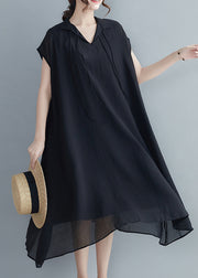 Casual Black Peter Pan Collar Chiffon Holiday Dress Short Sleeve