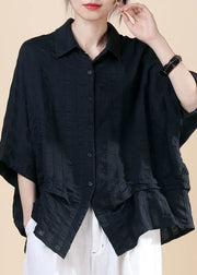 Casual Black PeterPan Collar Button Bat wing Sleeve Fall Shirt Top