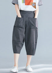 Casual Black Plaid Elastic Waist Pockets Cotton Crop Pants Trousers Summer