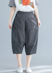 Casual Black Plaid Elastic Waist Pockets Cotton Crop Pants Trousers Summer