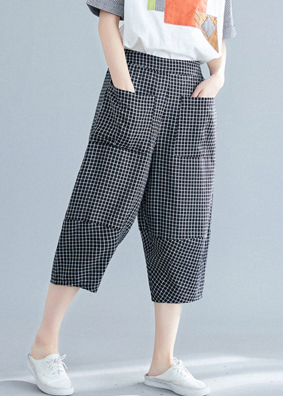 Lässige, schwarze, karierte, elastische Taillentaschen, Baumwoll-Crop-Hosen, Sommerhose