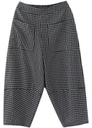 Lässige, schwarze, karierte, elastische Taillentaschen, Baumwoll-Crop-Hosen, Sommerhose