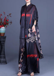 Casual Black Print Silk Low high design Wide Leg Women Two Pieces Sets - SooLinen