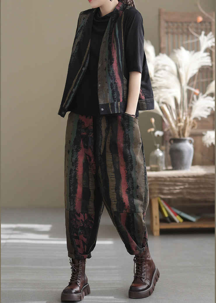 Casual Black Print vest harem pants Two Pieces Set Spring