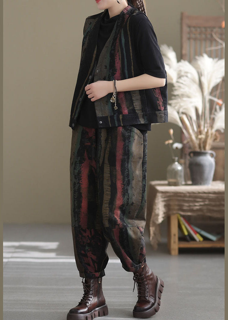 Casual Black Print vest harem pants Two Pieces Set Spring