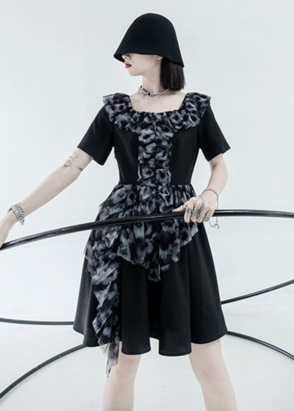 Casual Black Square Collar Ruffled Patchwork Print Pleated Dress Short Sleeve