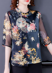 Casual Black Stand Collar Patchwork Tulle Print Silk Shirts Half Sleeve