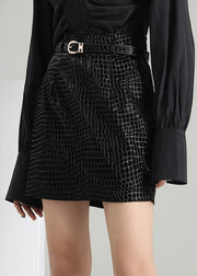 Casual Black Zip Up wrinkled Faux Leather Skirts Spring