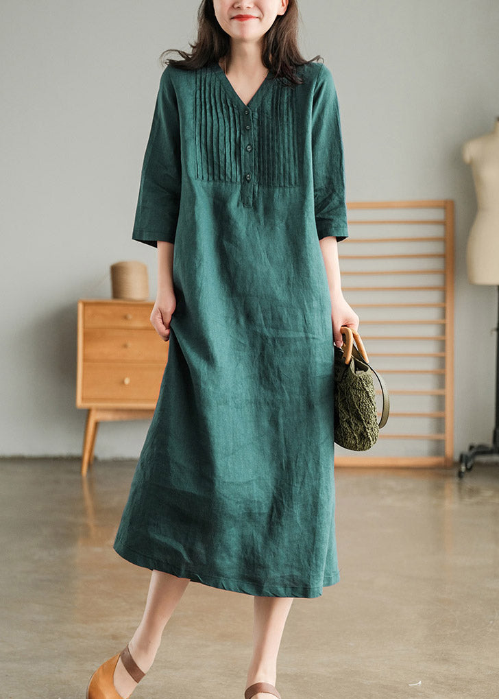 Casual Blackish Green V Neck Linen Vacation Dresses Half Sleeve