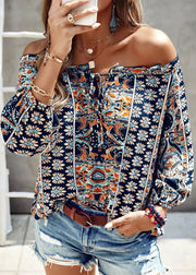 Casual Blue Cold Shoulder Print Cotton Blouse Top Long Sleeve