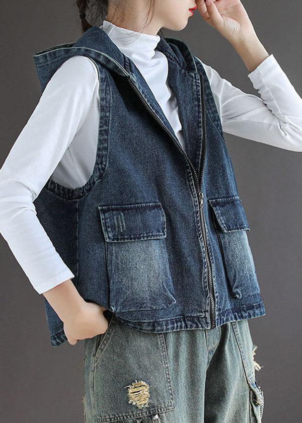 Casual Blue Denim Zippered Pockets Fall Sleeveless Waistcoat - SooLinen