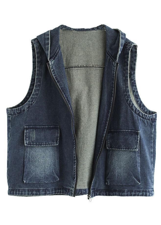 Casual Blue Denim Zippered Pockets Fall Sleeveless Waistcoat - SooLinen