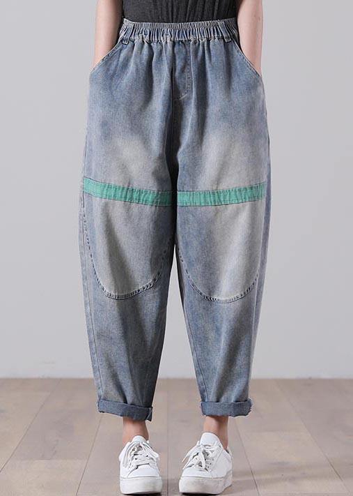 Casual Blue Elastic Waist Harem Summer Cotton Pants - SooLinen