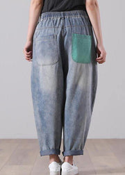 Casual Blue Elastic Waist Harem Summer Cotton Pants - SooLinen