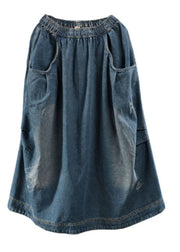 Casual Blue Elastic Waist Pockets Patchwork Fall Denim Skirt