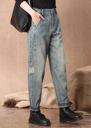 Casual Blue High Waist Button Pockets Patchwork Cotton Denim Pants Summer