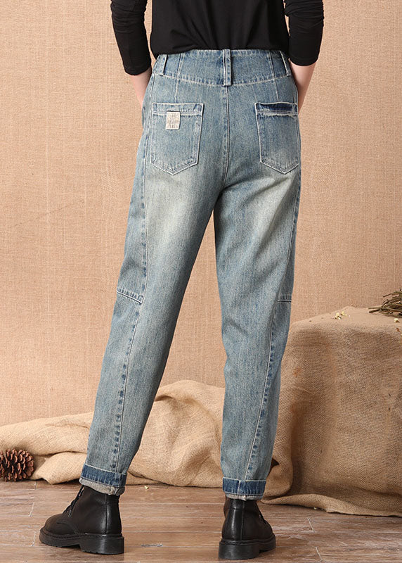 Casual Blue High Waist Button Pockets Patchwork Cotton Denim Pants Summer