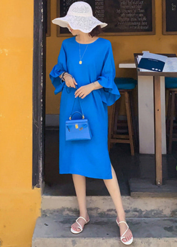 Casual Blue O-Neck Long Dresses Flare Sleeve