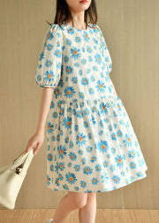 Casual Blue O-Neck Print Summer Cotton Half Sleeve Dresses - SooLinen