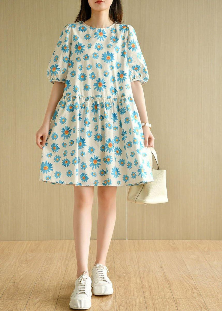 Casual Blue O-Neck Print Summer Cotton Half Sleeve Dresses - SooLinen