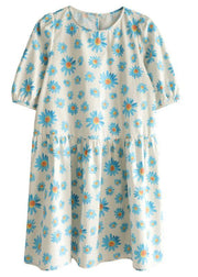 Casual Blue O-Neck Print Summer Cotton Half Sleeve Dresses - SooLinen