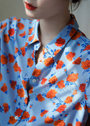 Casual Blue Peter Pan Collar Button Floral Print Chiffon Blouses Puff Sleeve