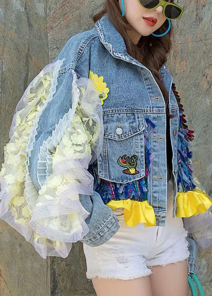 Casual Blue PeterPan Collar Button Patchwork Sequins Fall Denim Long sleeve Coat