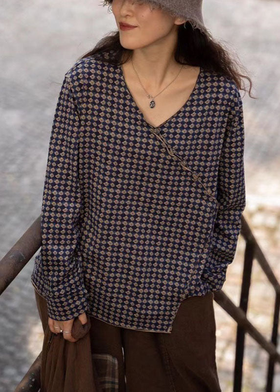 Casual Blue Plaid V Neck Button drawstring Fall Shirt Tops