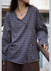 Casual Blue Plaid V Neck Button drawstring Fall Shirt Tops