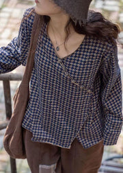 Casual Blue Plaid V Neck Button drawstring Fall Shirt Tops