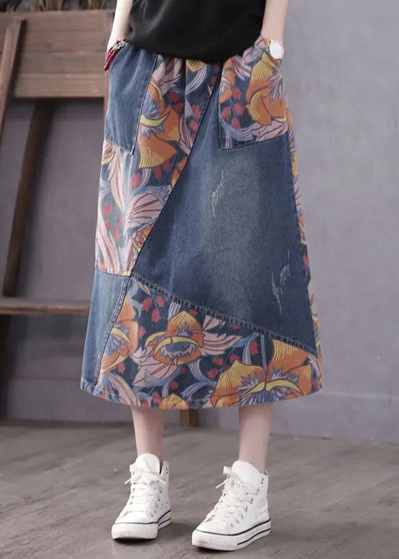 Casual Blue Pockets Patchwork Print A Line Fall Denim Skirts