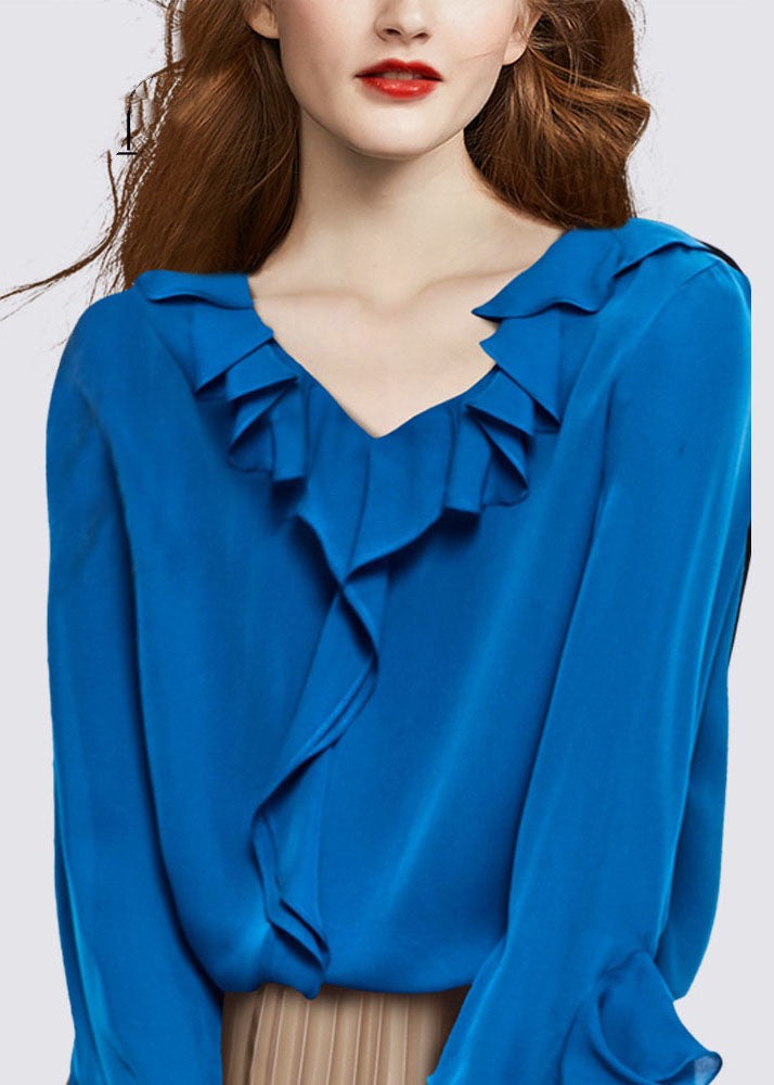 Casual Blue V Neck Ruffled Chiffon Shirt Top Long Sleeve