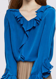 Casual Blue V Neck Ruffled Chiffon Shirt Top Long Sleeve