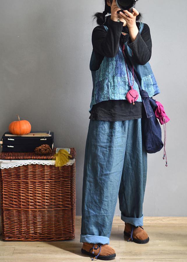 Casual Blue Wide Leg Pants Linen - SooLinen