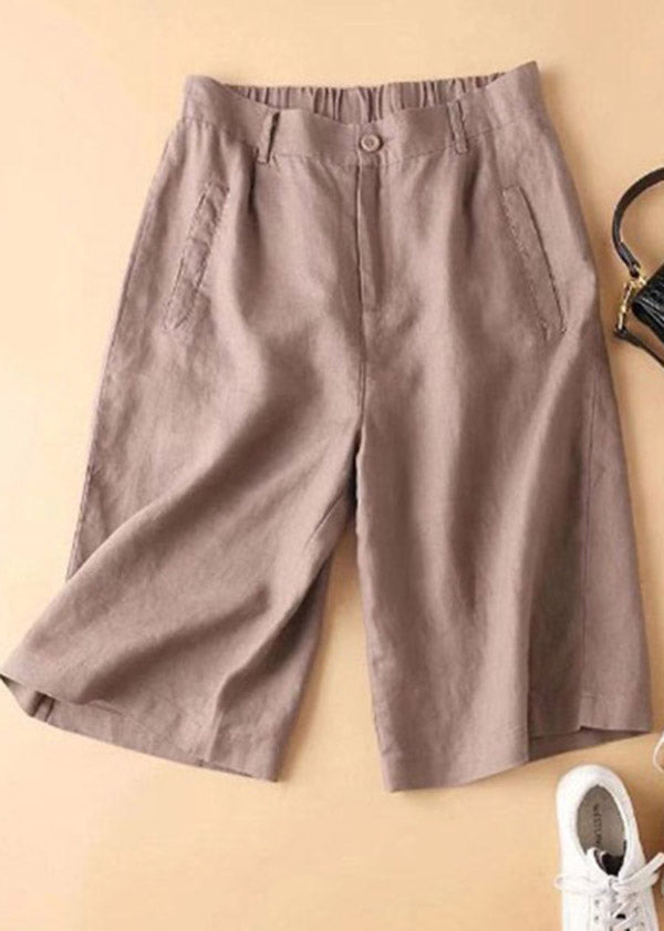 Casual Brown Pockets elastic waist Button Linen Straight Pants Summer