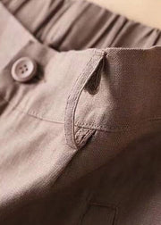 Casual Brown Pockets elastic waist Button Linen Straight Pants Summer