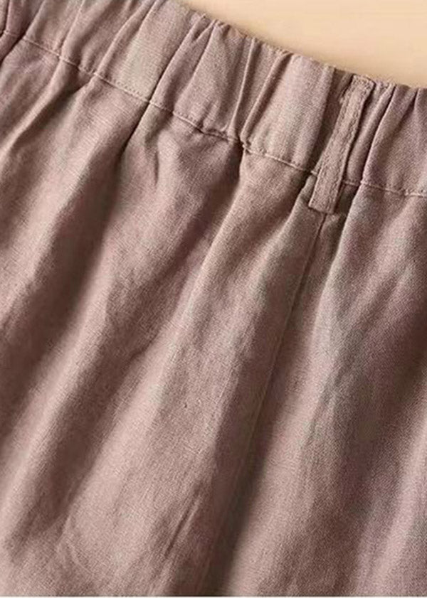 Casual Brown Pockets elastic waist Button Linen Straight Pants Summer