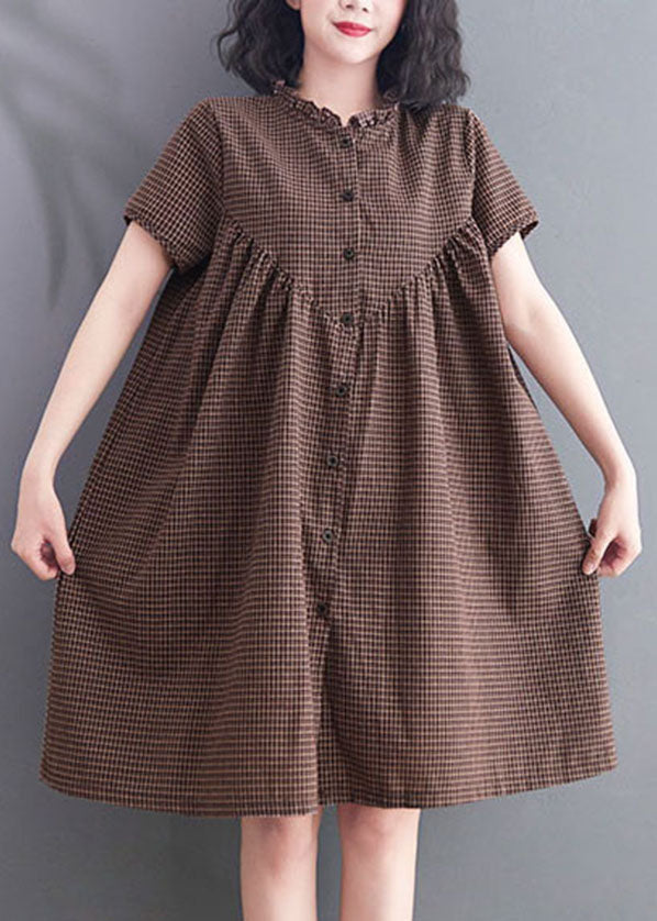 Casual Brown Wrinkled Ruffled Plaid Cotton Dress Short Sleeve