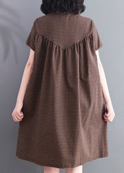 Casual Brown Wrinkled Ruffled Plaid Cotton Dress Short Sleeve