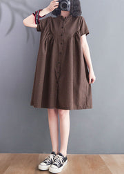 Casual Brown Wrinkled Ruffled Plaid Cotton Dress Short Sleeve