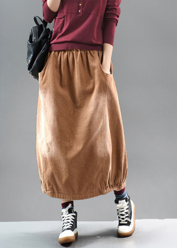 Casual Brown elastic waist Corduroy cotton Skirt Spring