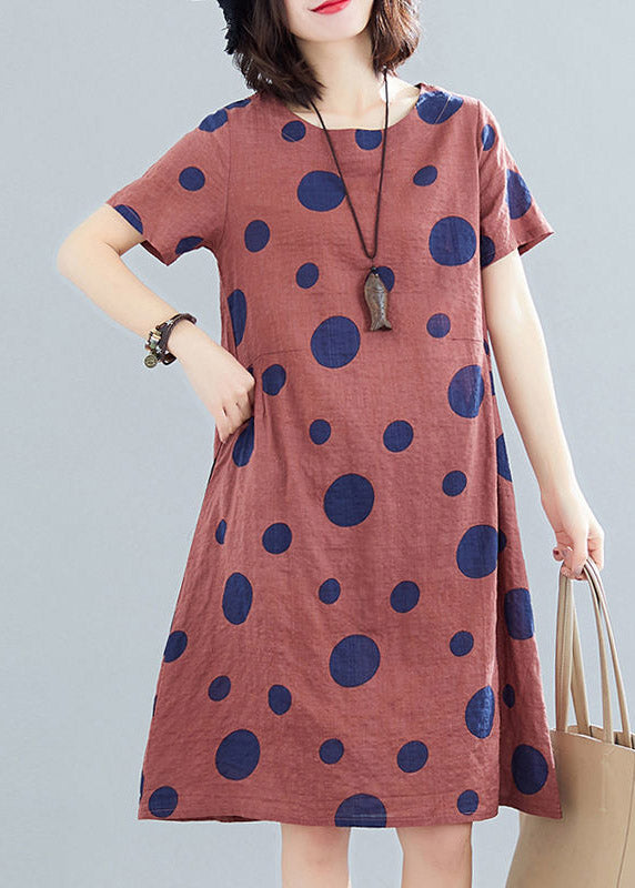 Casual BrownO-Neck Dot Print Mid Dresses Short Sleeve