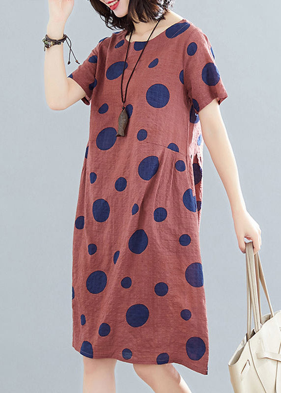 Casual BrownO-Neck Dot Print Mid Kleider Kurzarm